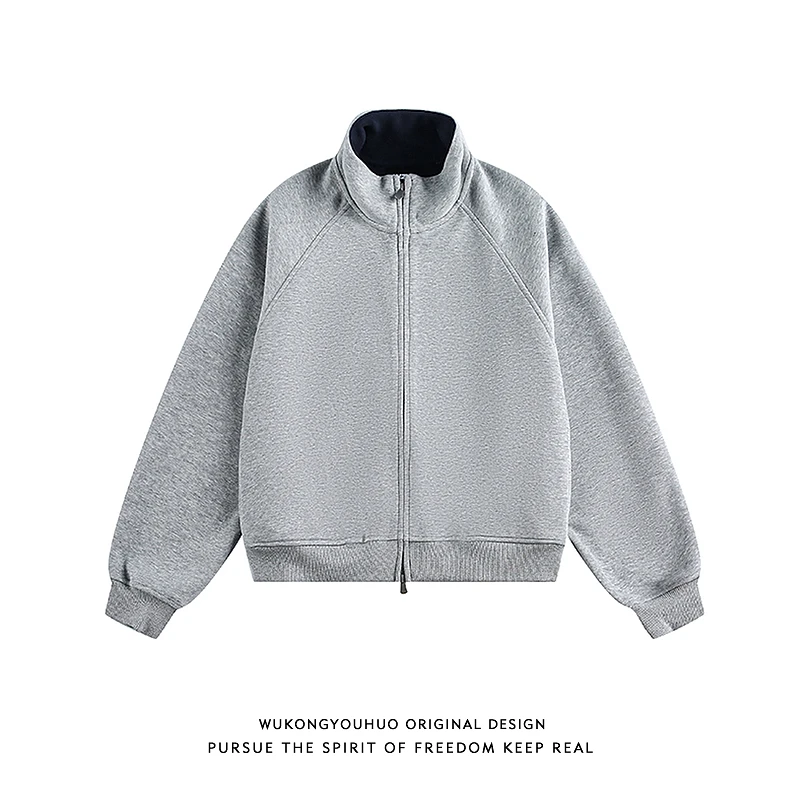 悟空有货美式重磅立领纯色开衫卫衣男女秋季宽松休闲百搭短款外套