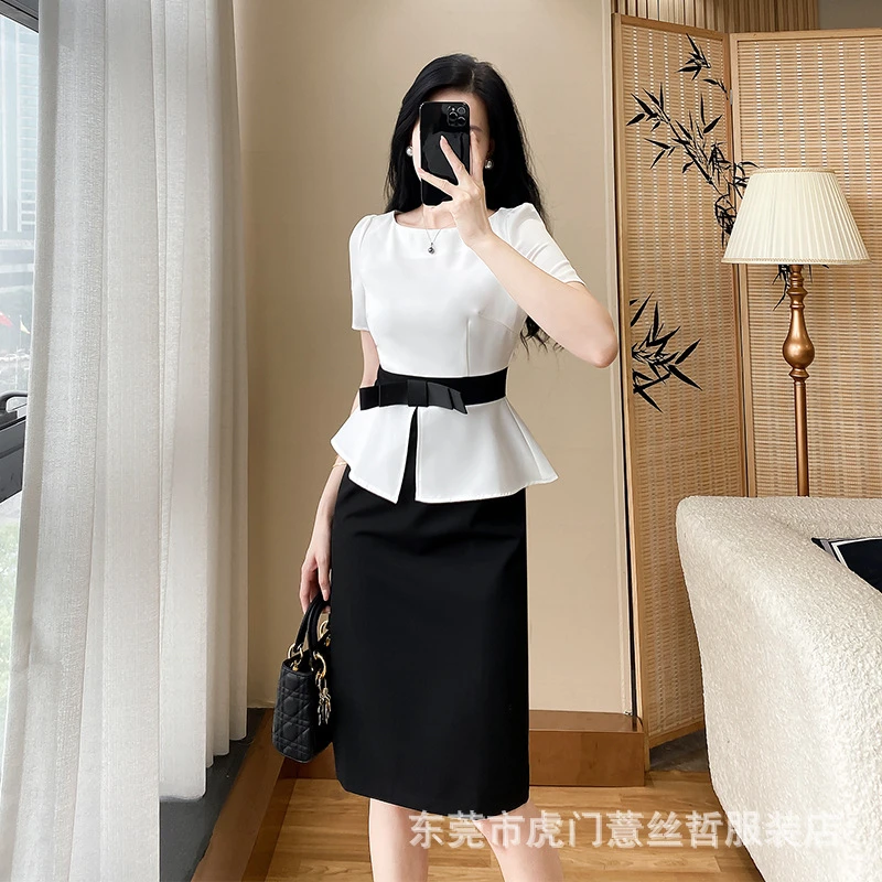 气质时尚显瘦夏季洋气小众套装连衣裙法式高腰修身学生两件套女