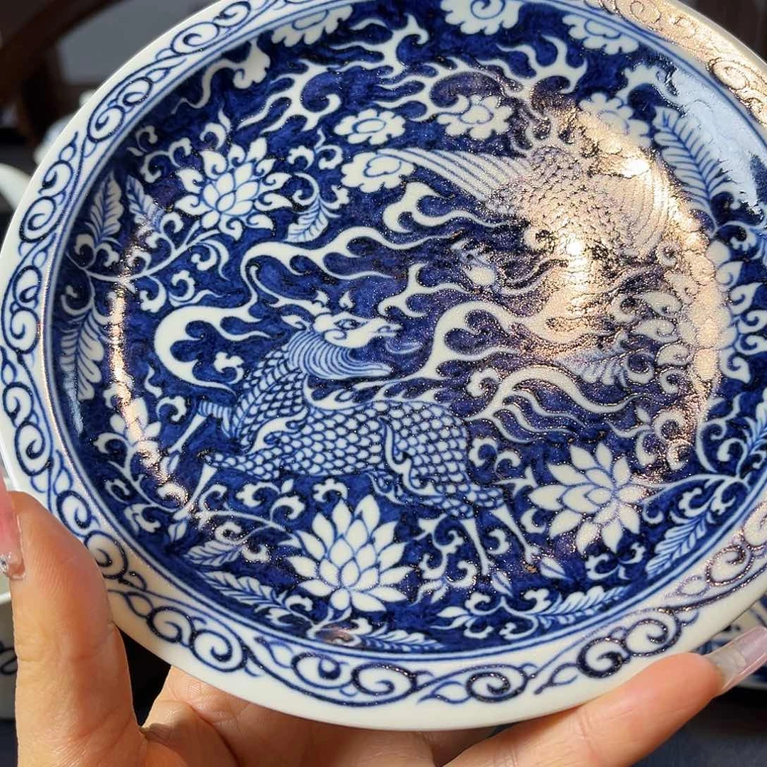 青花麒麟追凤壶承全手绘原矿釉烧制