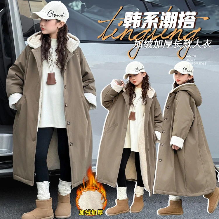 女童中大童冬季韩版时髦洋气加绒加厚保暖慵懒连帽长款过膝棉服潮
