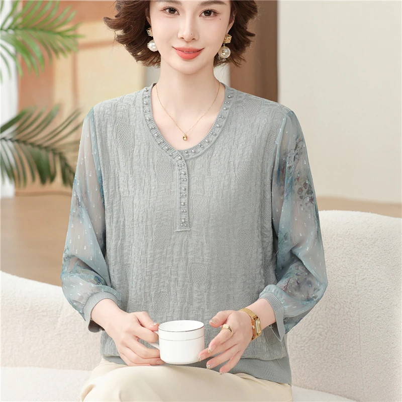 新款妈妈装夏季时尚纱袖T恤小衫中老年女春夏宽松薄款针织衫上衣