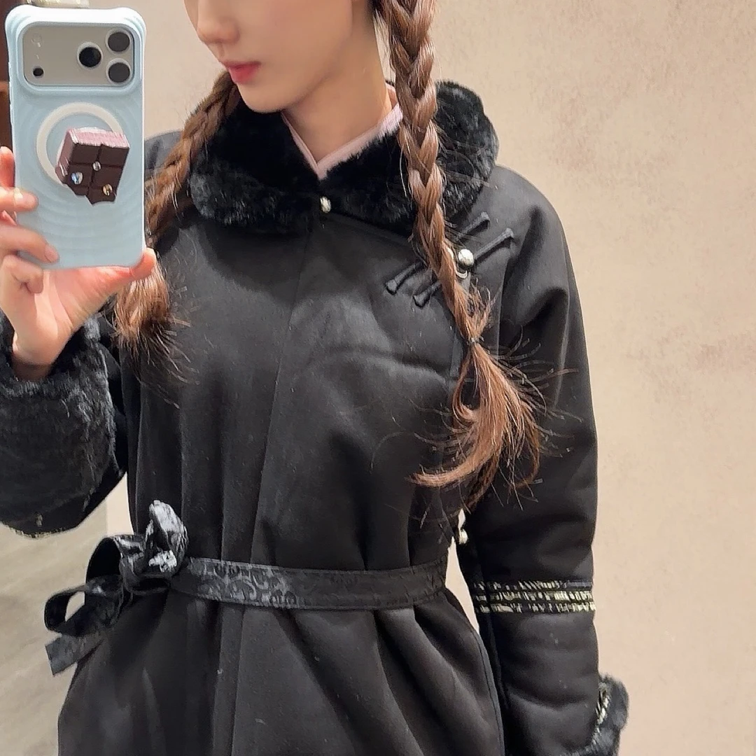 女士加厚加绒蒙古元素民族风冬季保暖斜襟上衣外套