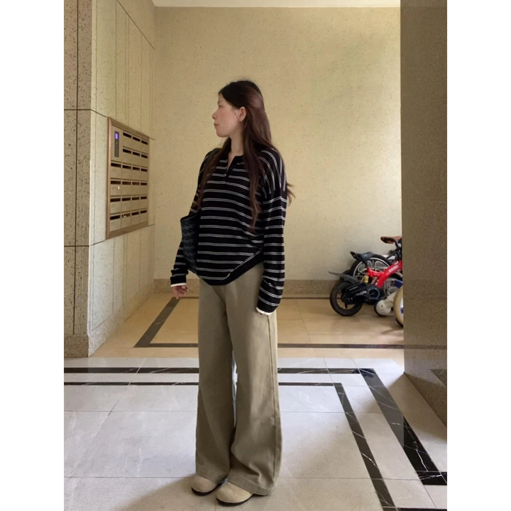 秋季新款POLO翻领条纹长袖宽松t恤女韩系气质慵懒针织衫薄款上衣