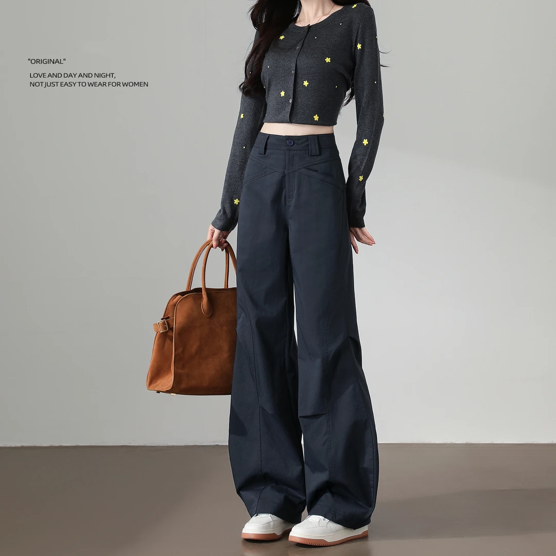 藏蓝色工装裤女2025秋冬新款高腰宽松直筒百搭小个子休闲阔腿裤子