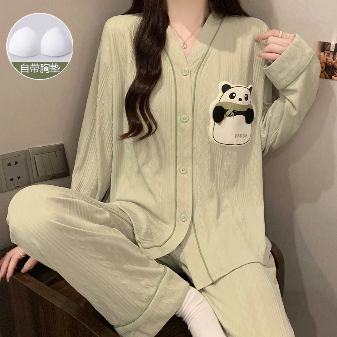 带胸垫睡衣女秋冬季韩版卡通宽松长袖女士睡衣可外穿家居服套装
