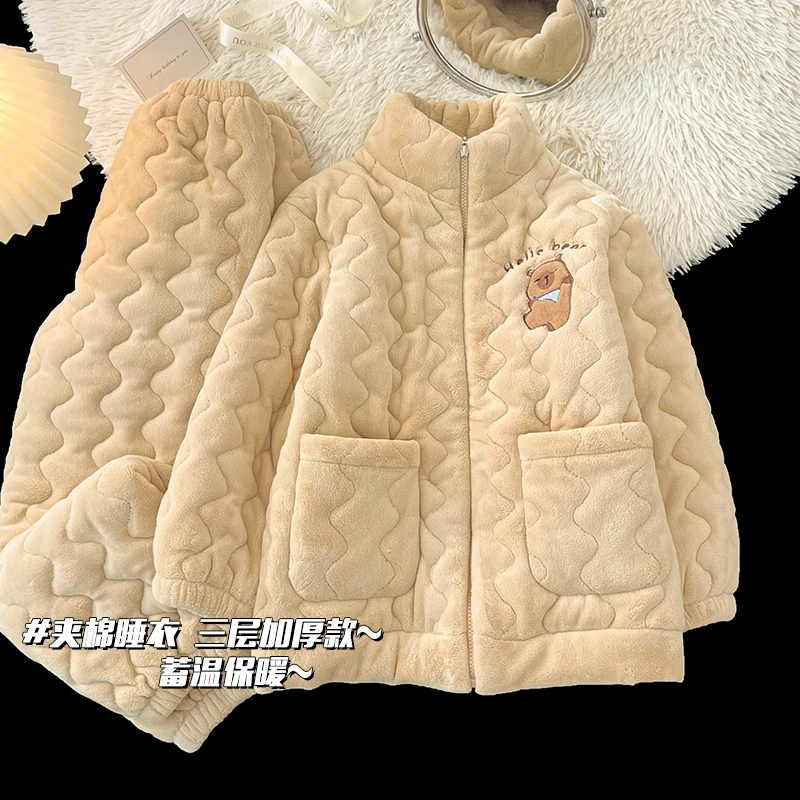 三层夹棉袄女童睡衣加厚保暖冬季款女孩加绒儿童珊瑚绒家居服套装