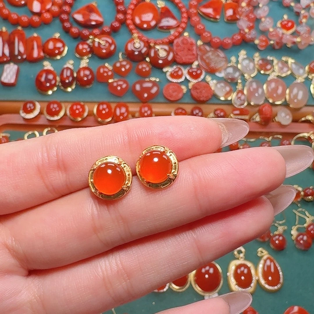 南红玛瑙银S925镶嵌耳饰