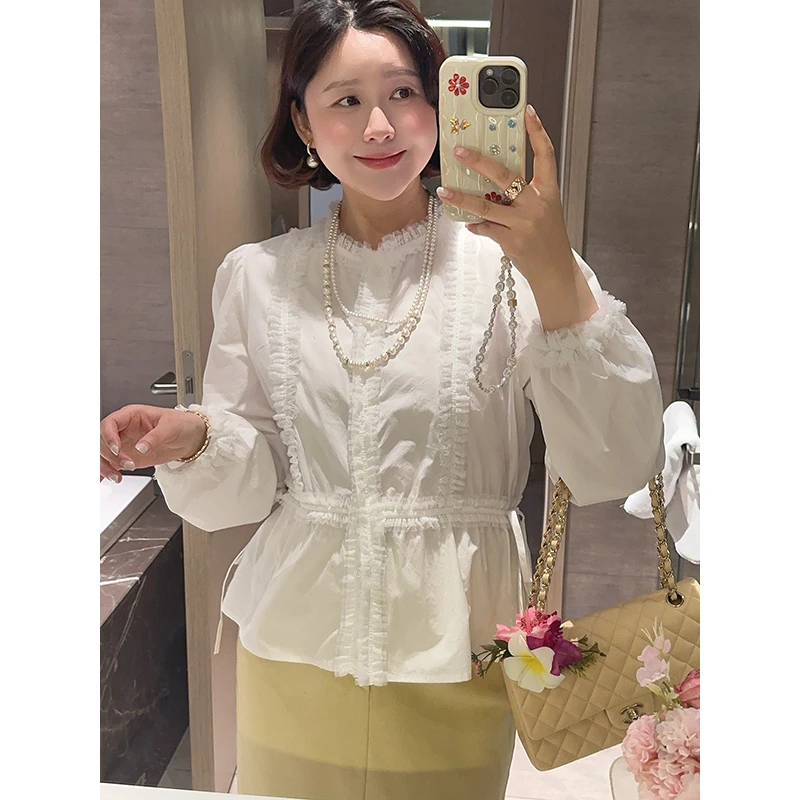 【DIS 定制】【棉莱甜衫】春季白搭木耳边系带收腰长袖衬衫Z525X01738