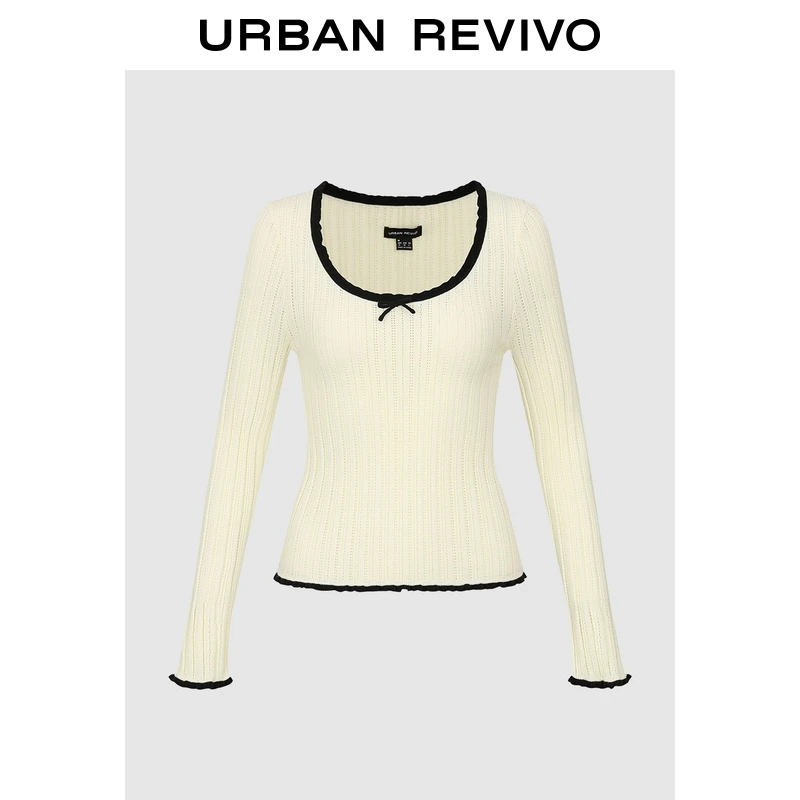 UR2025秋季新款女装撞色木耳边蝴蝶结长袖针织衫UWM950134