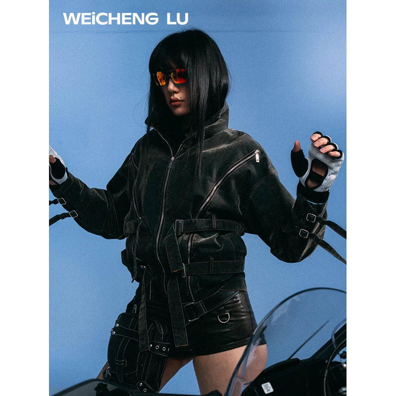 WEiCHENG LU 绑带拉链植绒牛仔夹克
