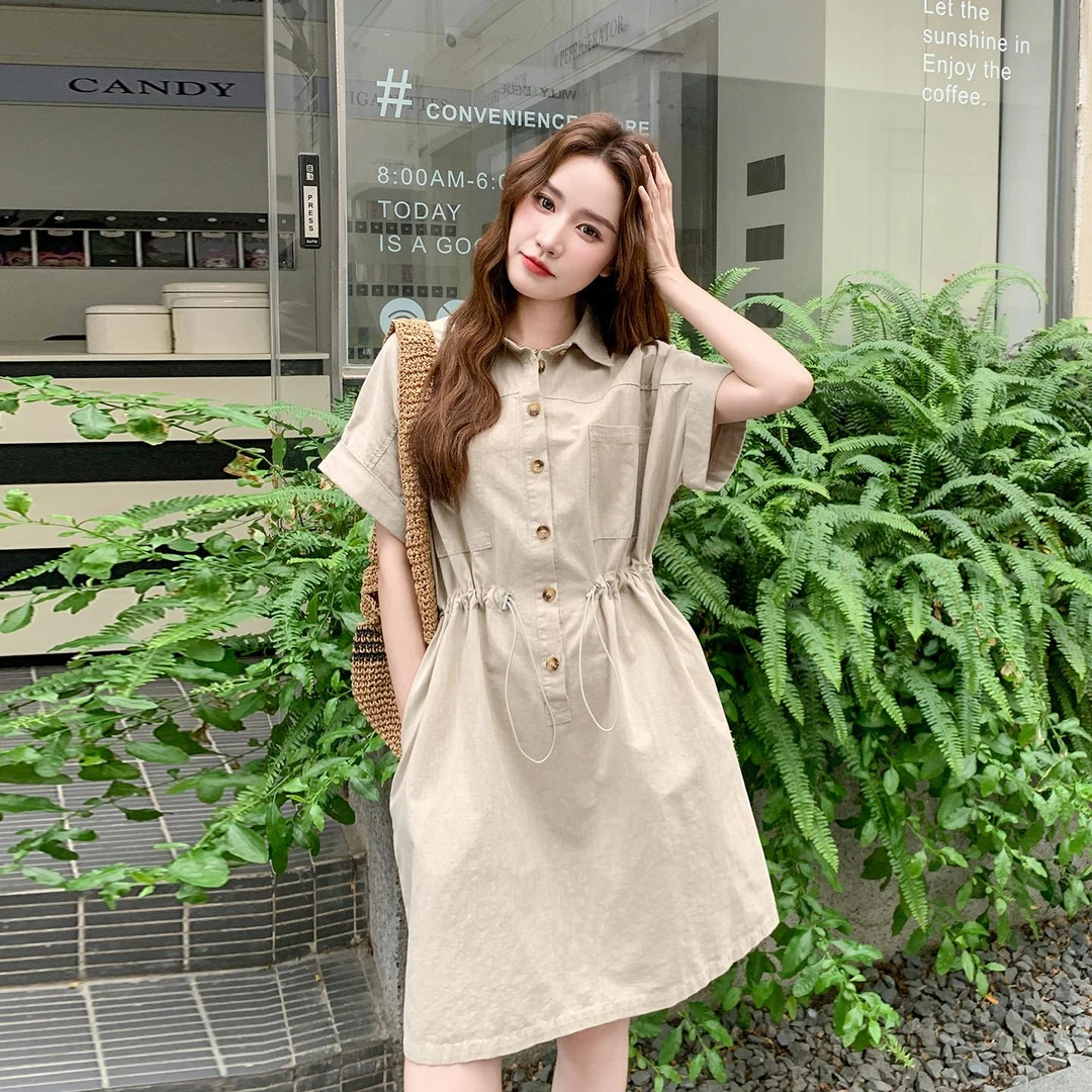 DUCURNO浅米色抽绳收腰工装连衣裙女2025夏季新款小个子气质显瘦