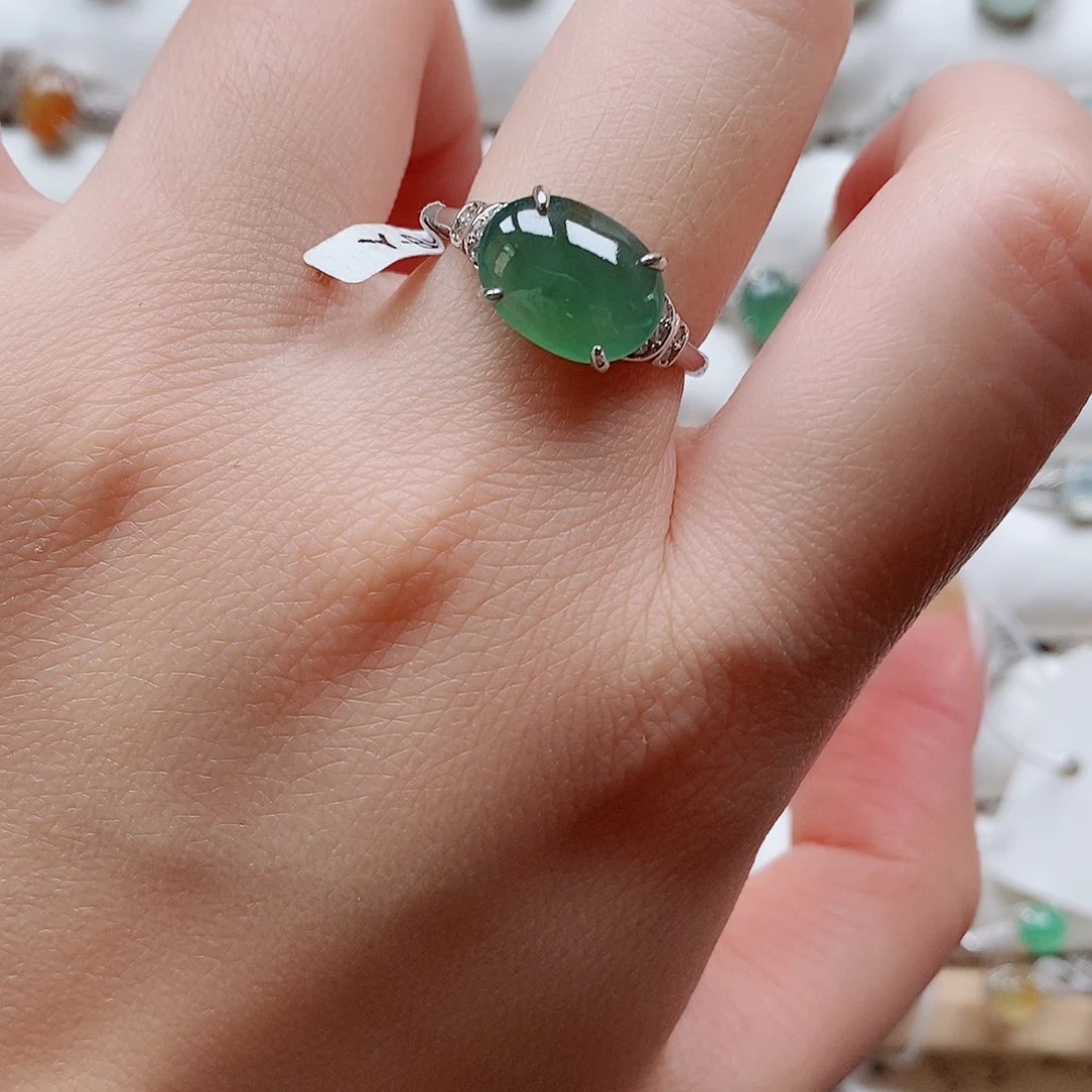 翡翠戒指银S925镶嵌天然缅甸a货翡翠8