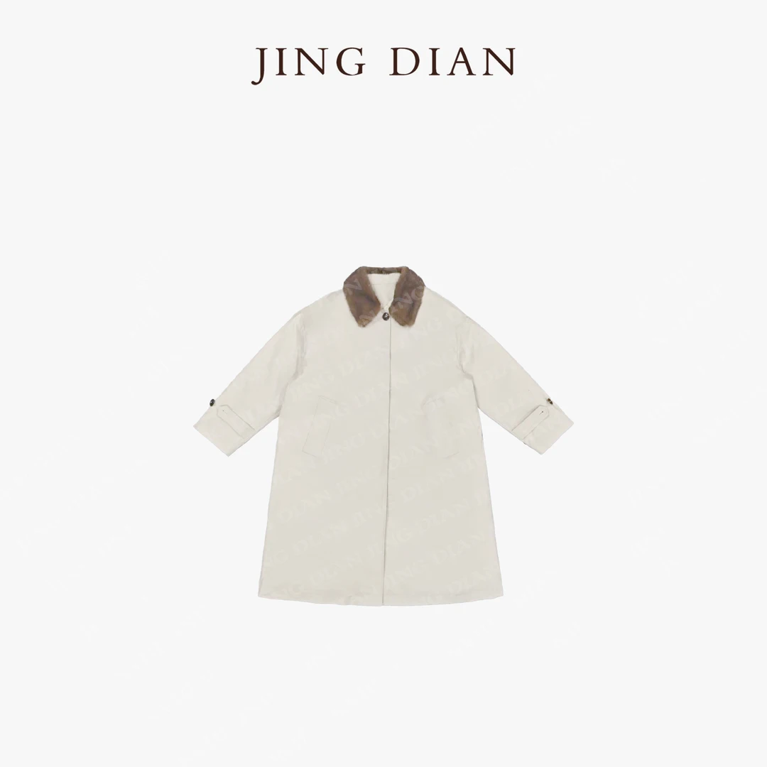 【JING DIAN】极简款棉质拼接水貂领95白鹅绒服1889 时尚休闲中长款