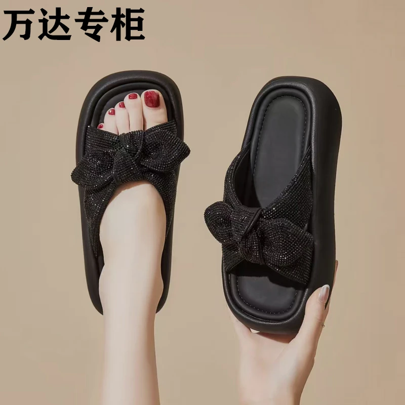 【万达专柜】厚底蝴蝶结一字拖女拖鞋2025夏季鞋子女ins潮牌百搭