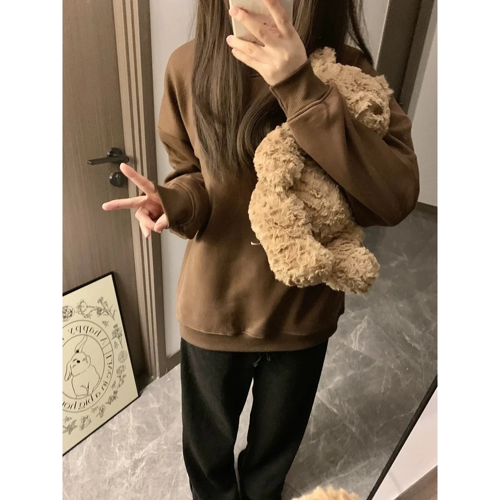 W1616#幸运咖秋冬圆领百搭时尚慵懒风美式卫衣女加厚加绒显白