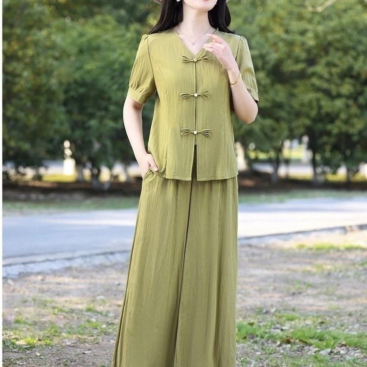 时尚妈妈夏季中式新款套装2025气质短袖上衣阔腿裤洋气两件套