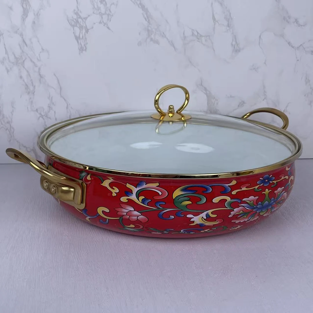 30cm【红勾莲】搪瓷珐琅海鲜锅金边玻璃盖电磁炉明火通用