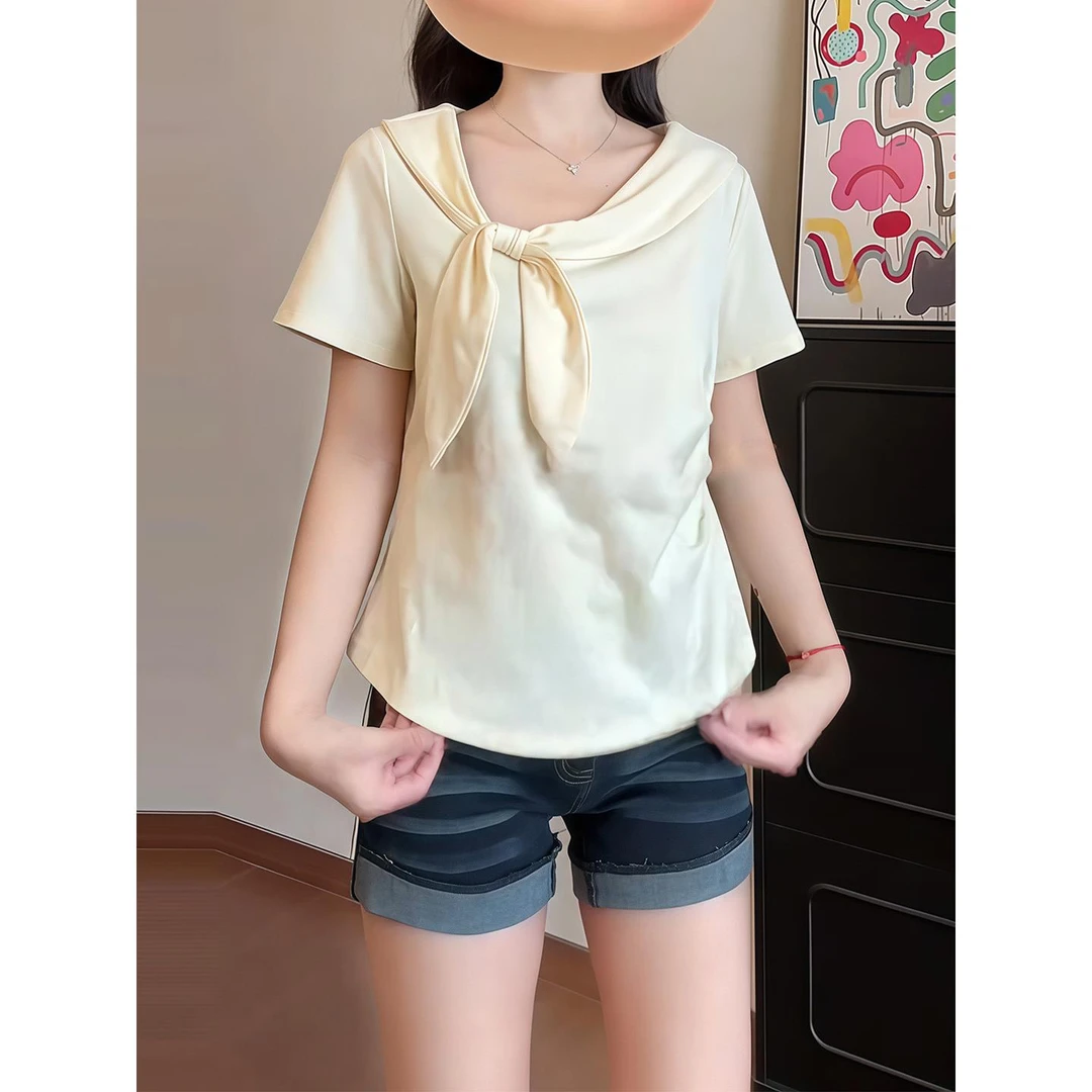 大码微胖时尚休闲短袖T恤女装收腰小众夏季胖mm显瘦遮肉披肩上衣