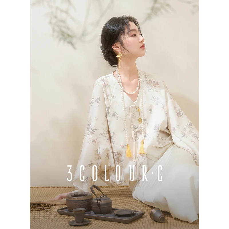 三彩【墨韵竹影】2025秋季新款新中式烫银印花外套宽松复古盘扣C