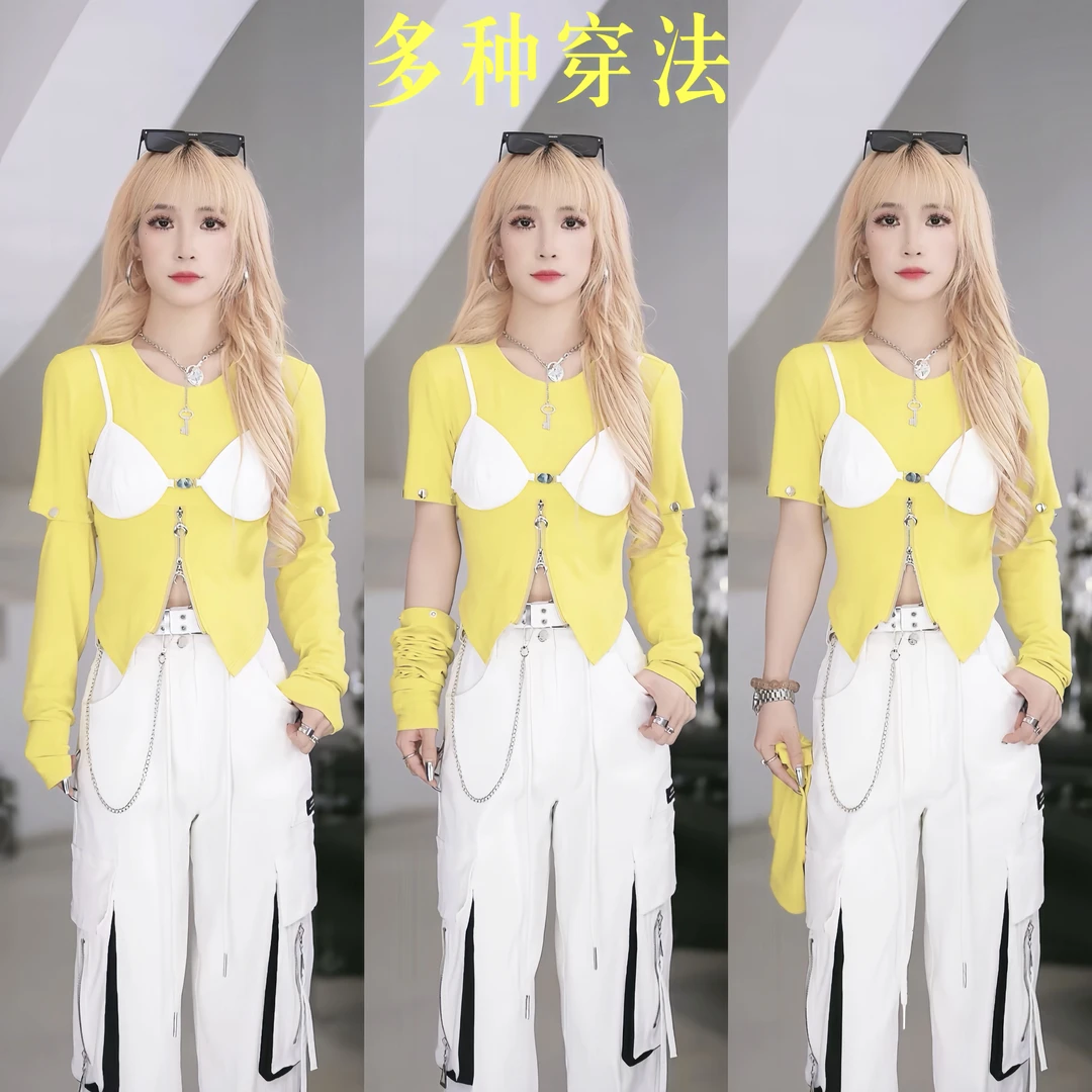 【笑姐定制】D9A853 原创多穿可拆卸假两件亮片拼接拉链设计长袖