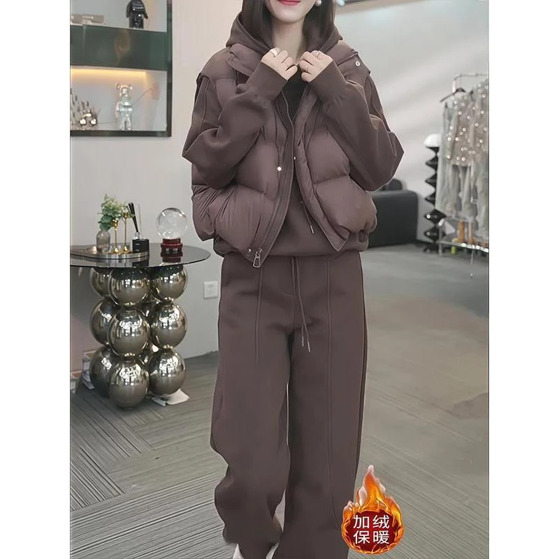 2025秋冬新款女士保暖棉服马夹外套加绒加厚卫衣休闲裤三件套装