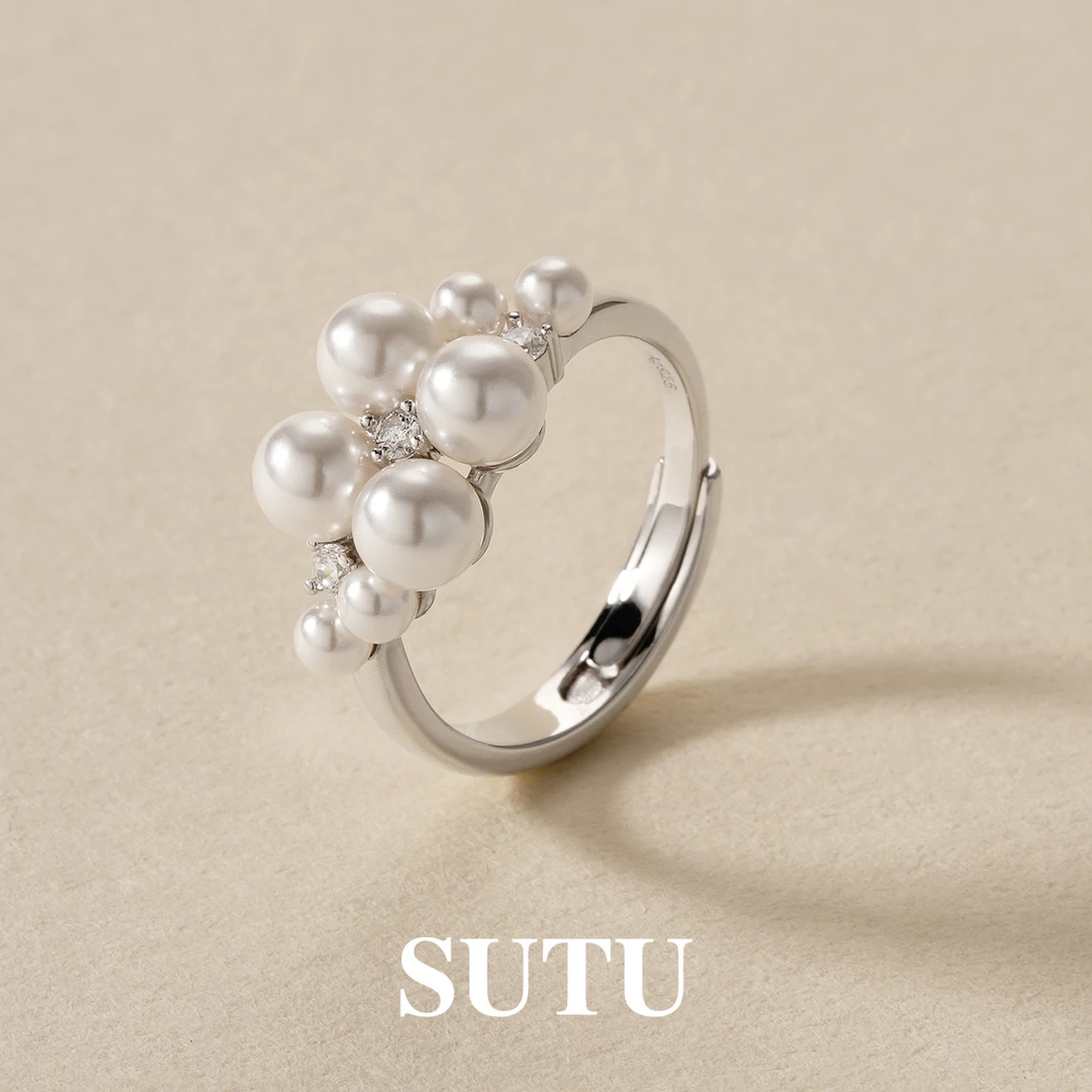 925银仿珍珠戒指 小葡萄珍珠戒指女款气质优雅小众设计指环时尚