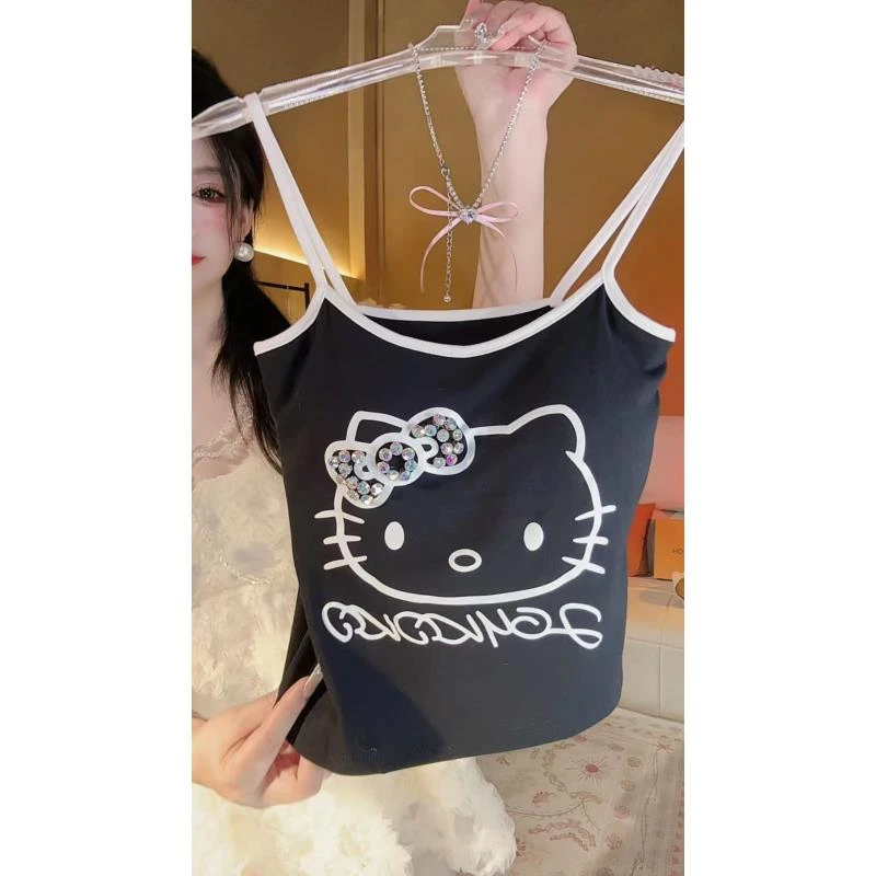 【崔】D0176 日系甜辣风Kitty猫甜美卡通印花吊带修身显瘦打底内搭