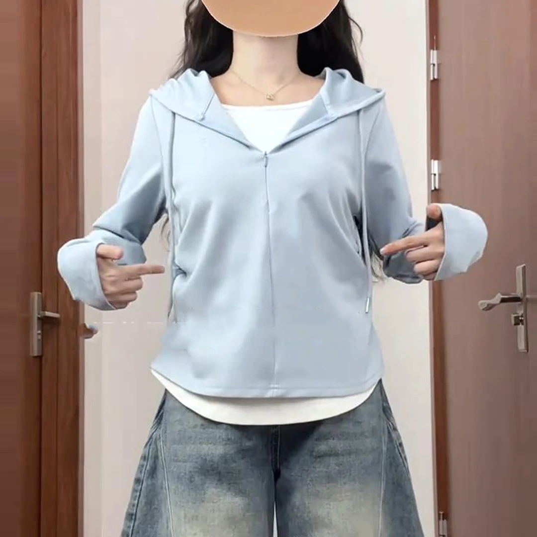 假两件正肩连帽T恤女秋季2025新款胖mm气质宽松小众减龄长袖上衣