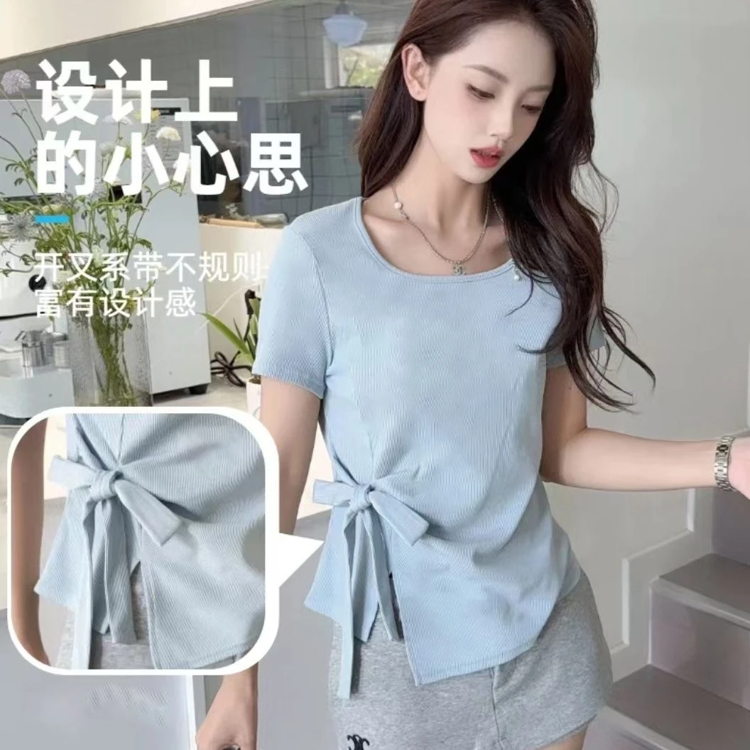 2025夏季新款不规则T恤女系带开叉欧若风大码短袖显瘦百搭1413