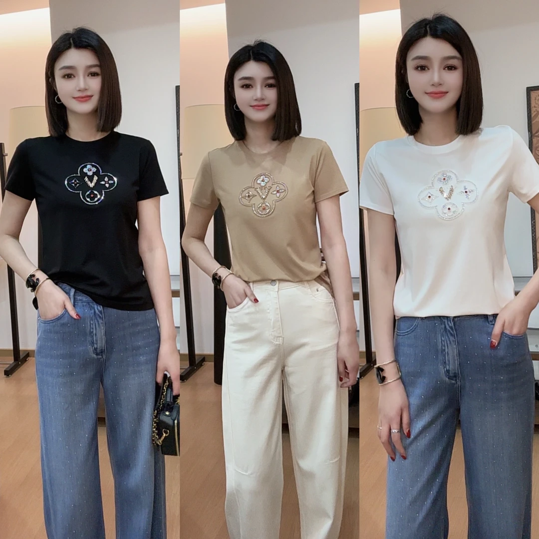 【ROMDENSE】2025春季新款重工图案珠片绣百搭夏季桑蚕丝T恤女款T恤