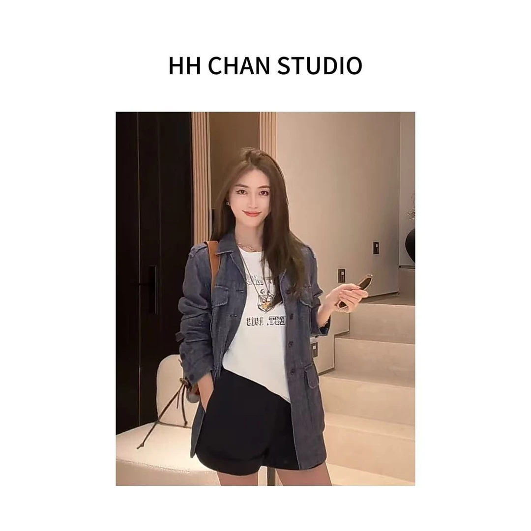 HH.CHAN“亚麻风度”100%进口亚麻RL经典肩章牛仔色亚麻外套