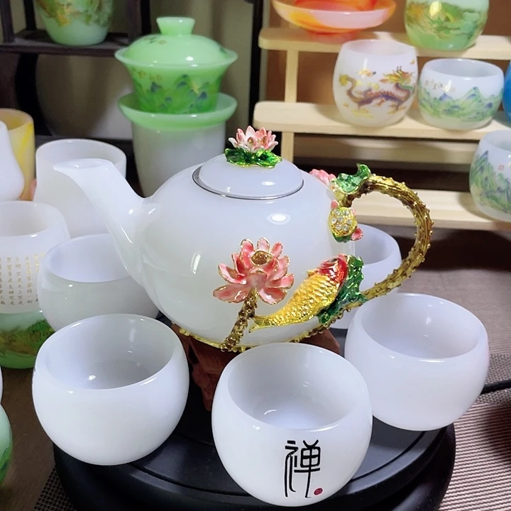 琉璃中式珐琅彩年年有余一壶六杯礼盒套装