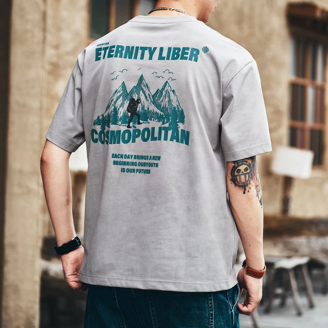 格蓝鹿高端日系复古印花圆领男士短袖T恤夏季宽松灰色半袖体恤潮