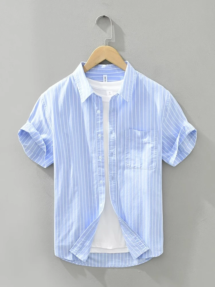 短袖衬衫男2025夏季薄款高级感港风牛津条纹翻休闲外穿半袖衬衣领
