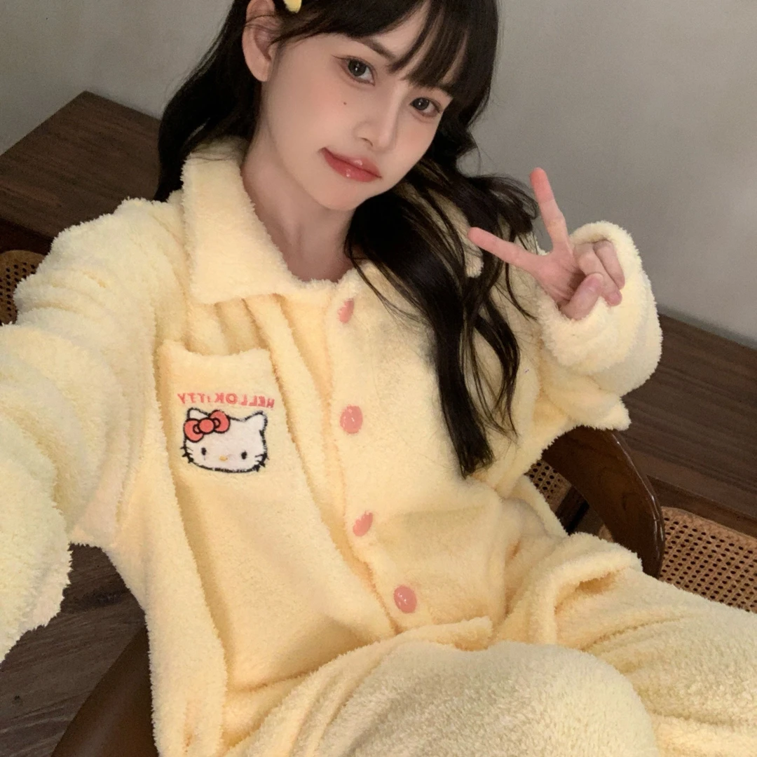 卡通珊瑚绒睡衣女秋冬季可外穿加厚保暖半边绒家居服
