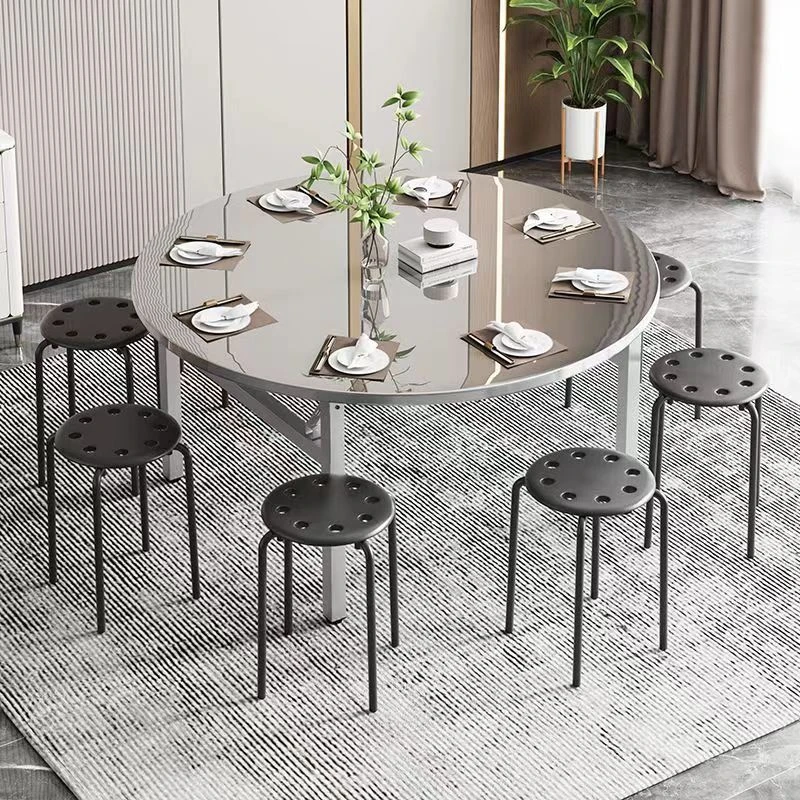 新疆包邮加厚不锈钢折叠大圆桌家用餐桌带转盘烧烤酒席吃饭圆台大