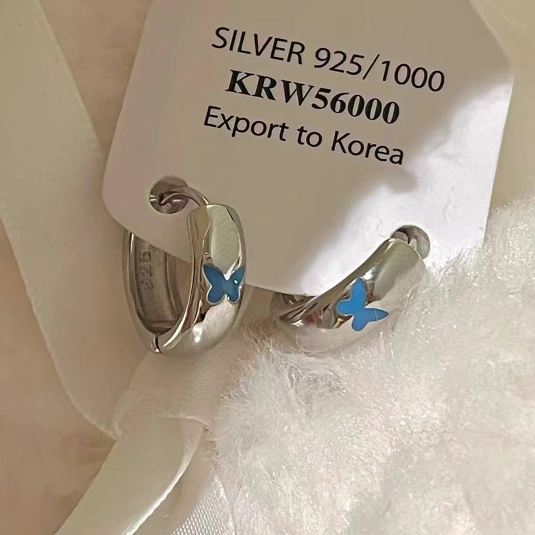 复古蓝滴油蝴蝶耳圈小众独特气质耳扣甜酷耳环2025新款爆款高级感