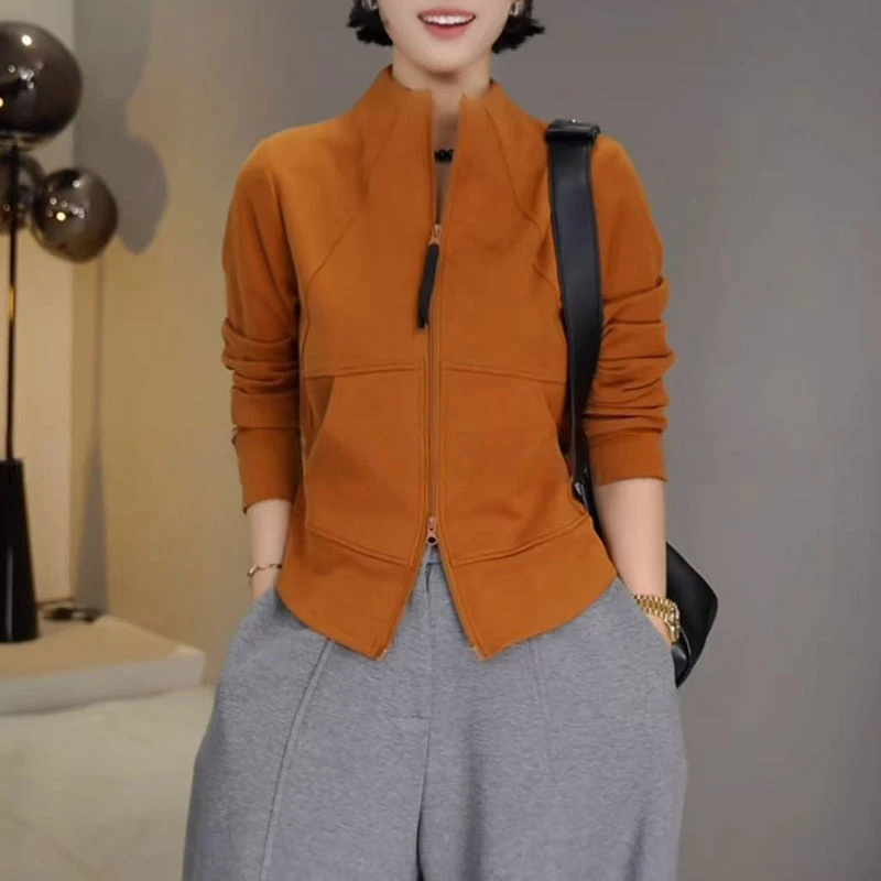“氛围日记”2025秋季新款时尚双拉链立领弧形上衣双腰线百搭卫衣女