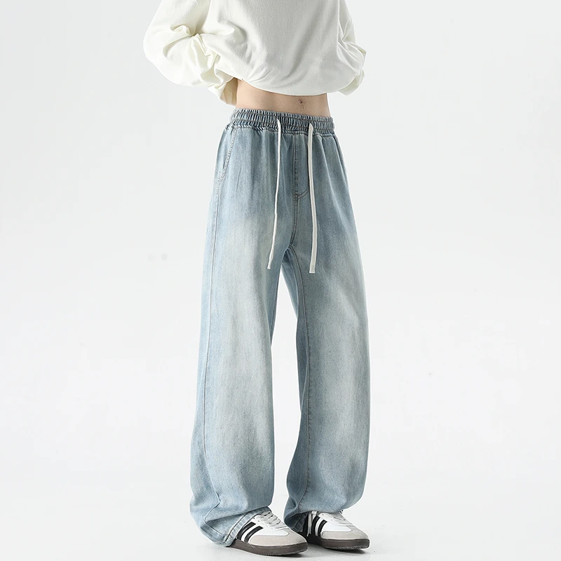 天丝莱赛尔冰丝薄款牛仔裤港风百搭宽松直筒牛仔裤松紧腰长裤