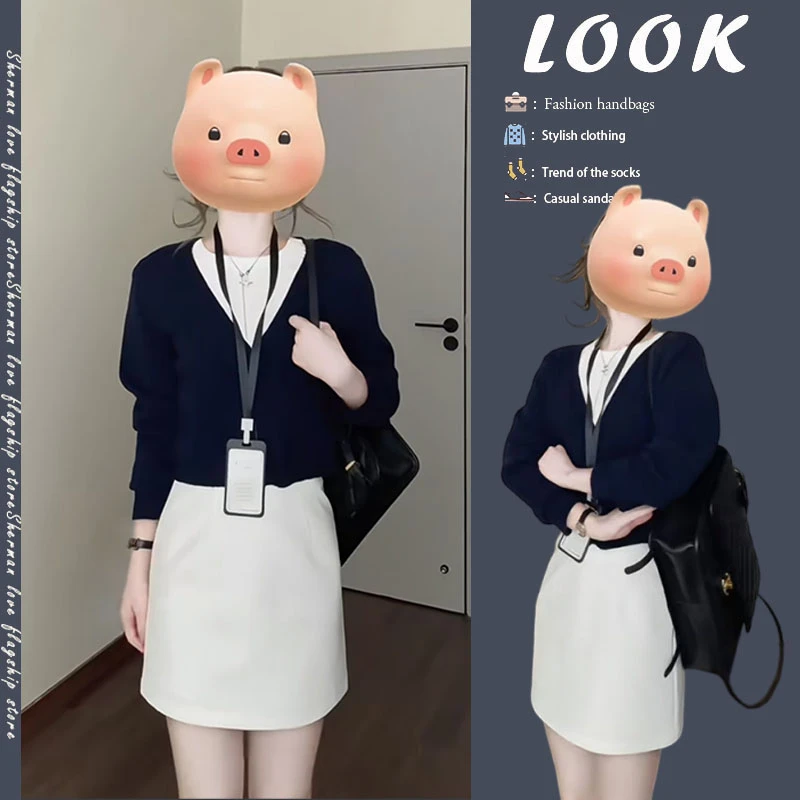 春季韩系穿搭2025新款时尚v领开衫毛衣百搭短袖气质半身裙三件套