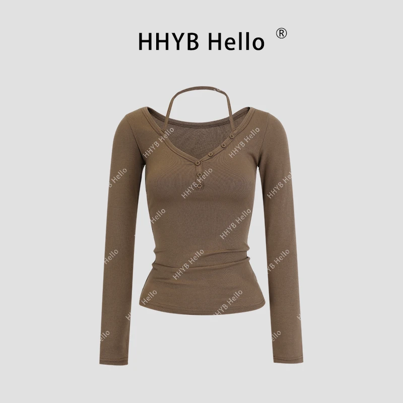 HHYB Hello【2025春季新款】百搭显瘦V领纽扣挂脖简约长袖T恤250093