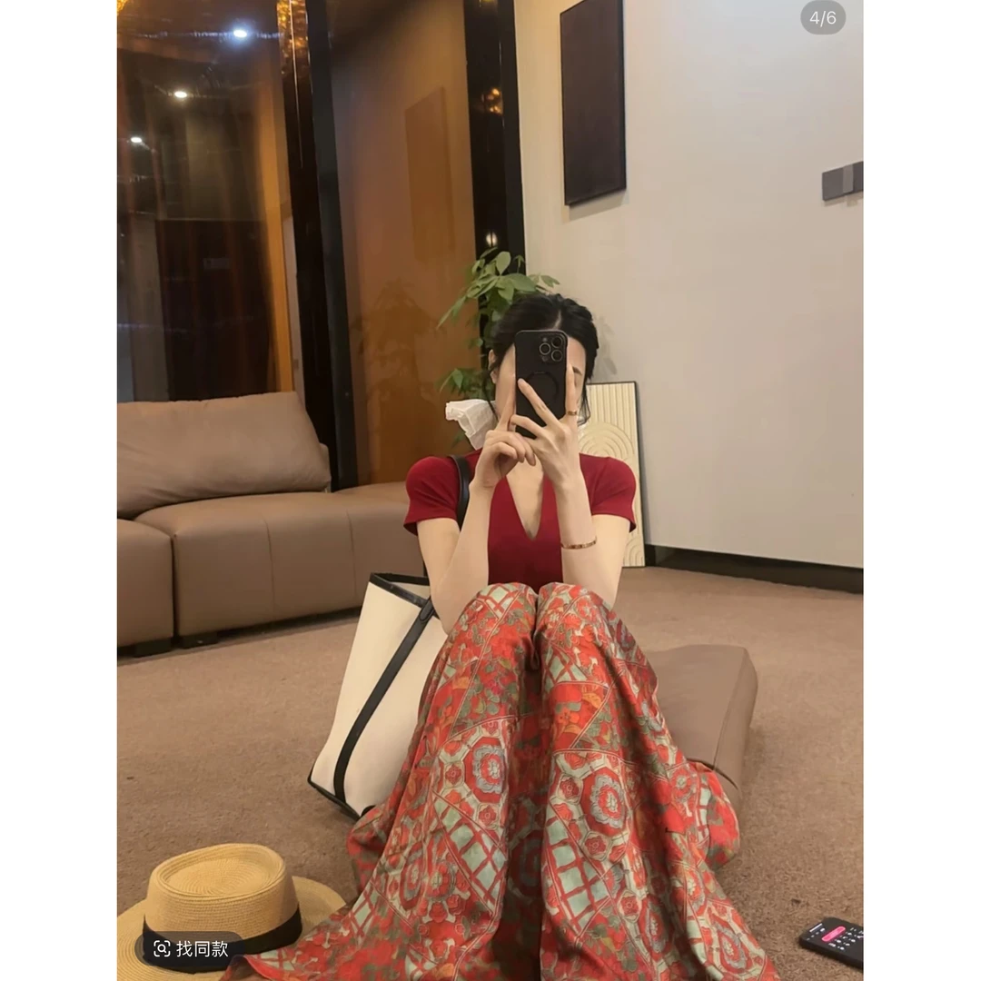 溪溪靓衫2025夏季新款新中式国风提花垂感伞裙显瘦V领T恤半裙套装