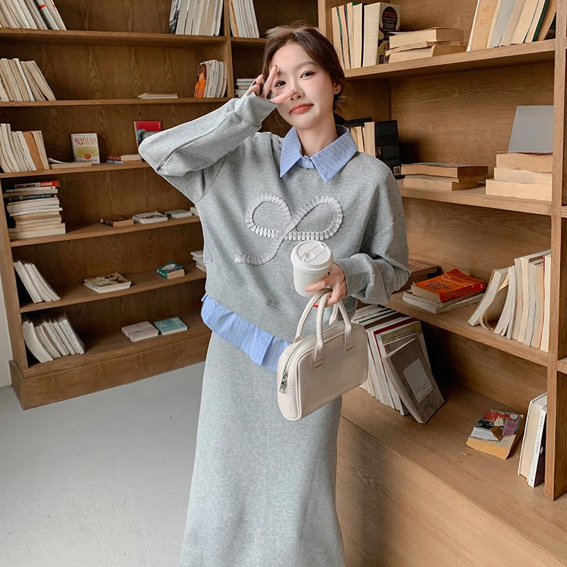 大码学院风高级感时尚套装女秋冬胖mm蝴蝶结假两件衬衫半身裙套装