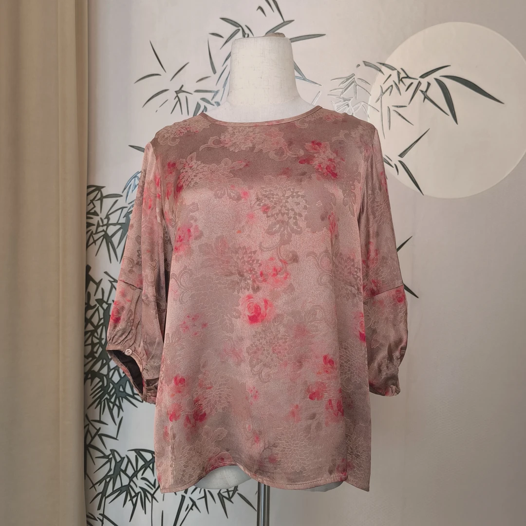 【粉黛】100%桑蚕丝红云纱花萝减龄年轻款新中式水墨扎染气质套衫