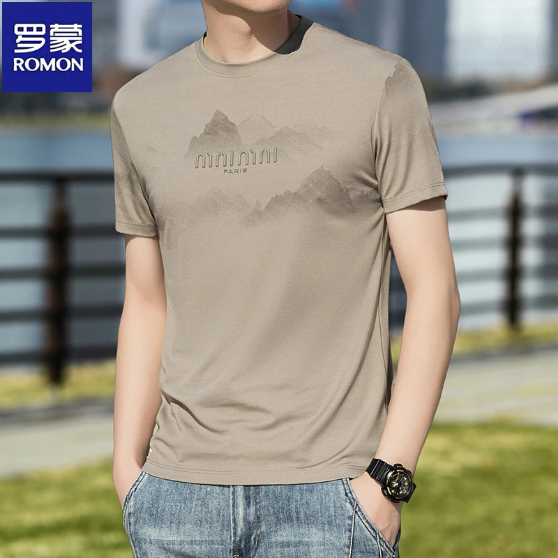罗蒙简约休闲薄款清凉透气男士新款短袖夏季中青年圆领棉质T恤衫