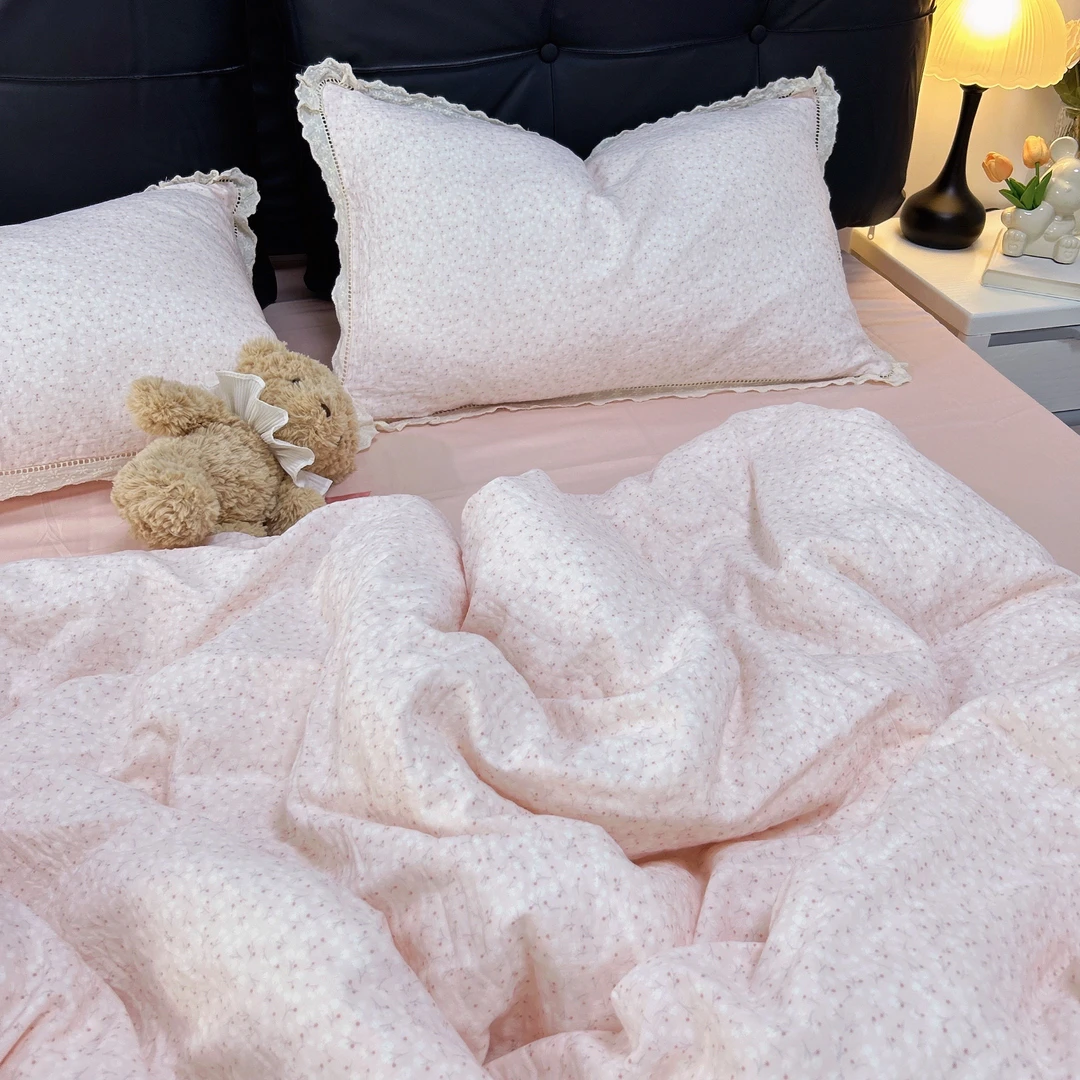 花边款a类母婴纯棉双层纱四件套 滚绳边全棉人字纹床单学生宿舍4