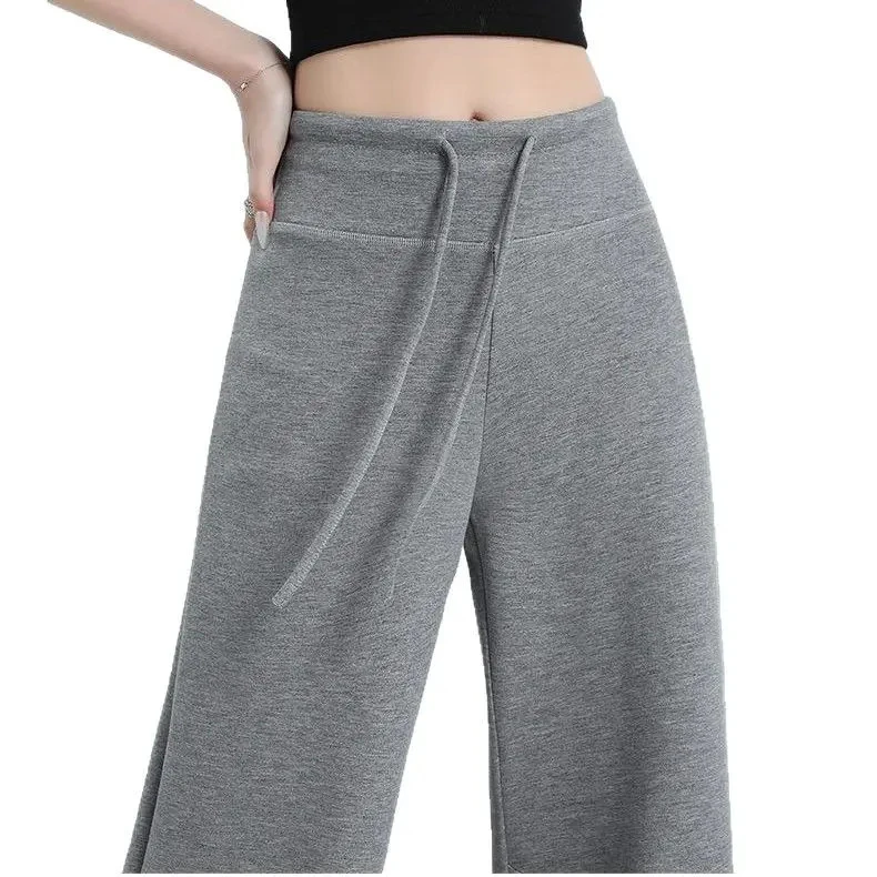 韩版慵懒风灰色卫裤女装春夏设计感抽绳阔腿休闲裤直筒喇叭裤长裤