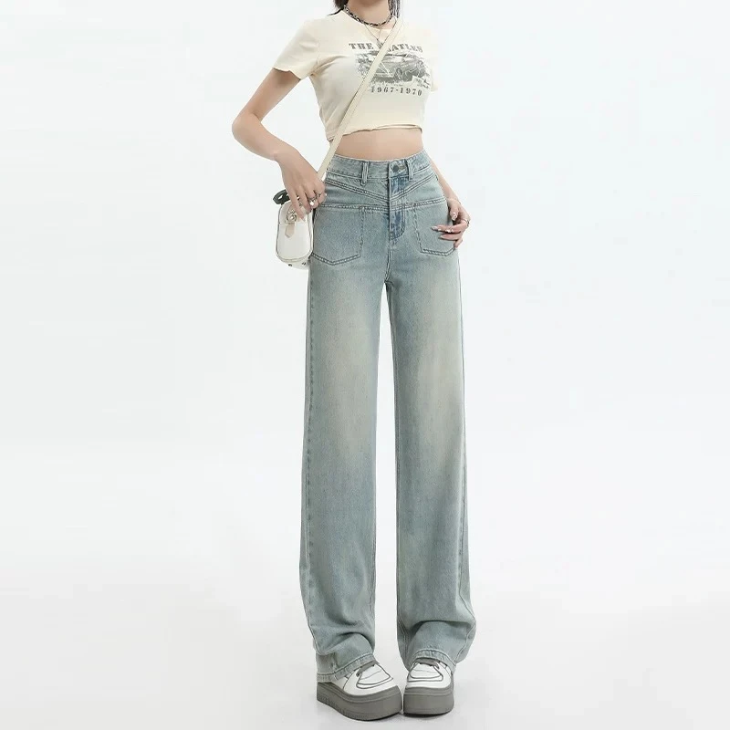 2025春季新款高腰显瘦窄版直筒牛仔裤复古百搭休闲时尚女裤-叶丹