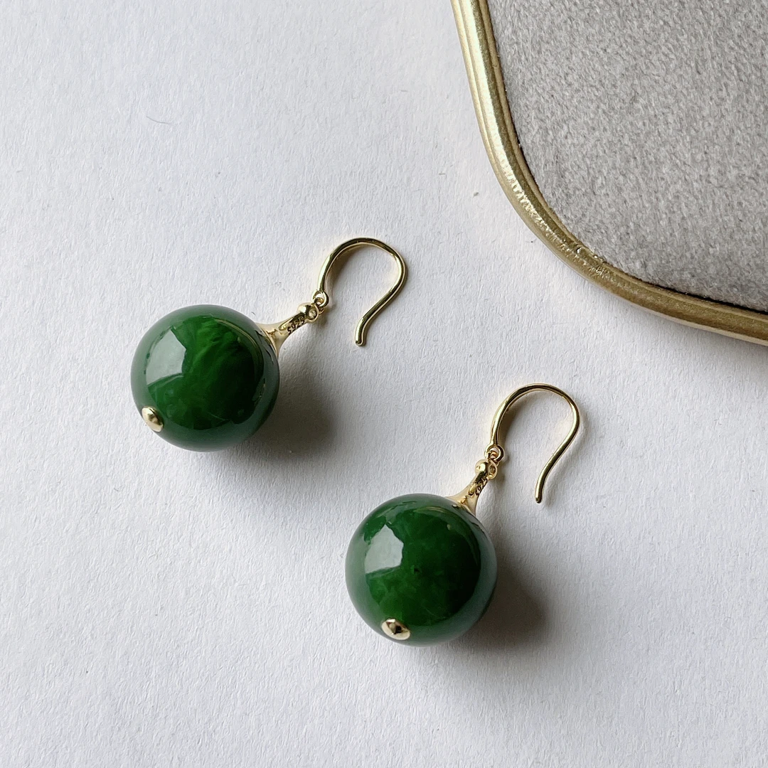 【晶雁优选】15-16mm和田玉碧玉玉石大号耳环时尚大气春日珠宝