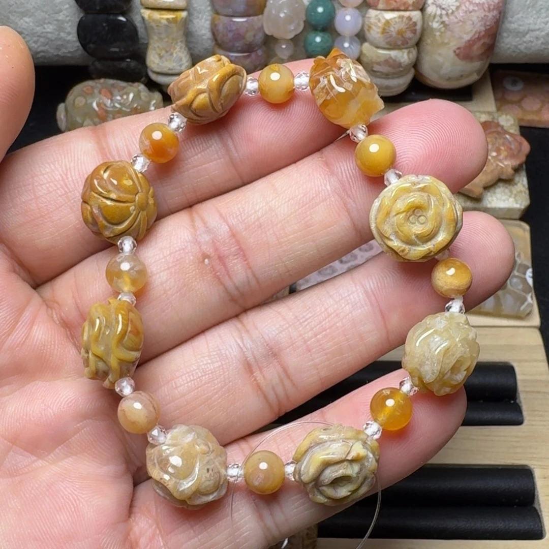 石英质玉未镶嵌纯天然色有机玉石保真色奶酪发丝玫瑰花手链福利